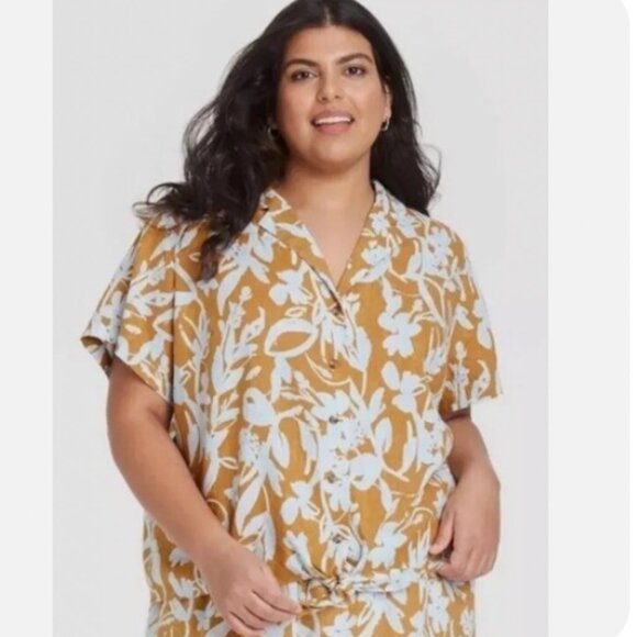 Ava & Viv Plus Size Short Sleeve Button-Down Top Gold Floral Size 2X Linen - Picture 1 of 6